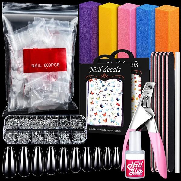 

false nails nail tips kit full cover long coffin ballerina with glue clipper files buffers block glass rhinestone complete set, Red;gold