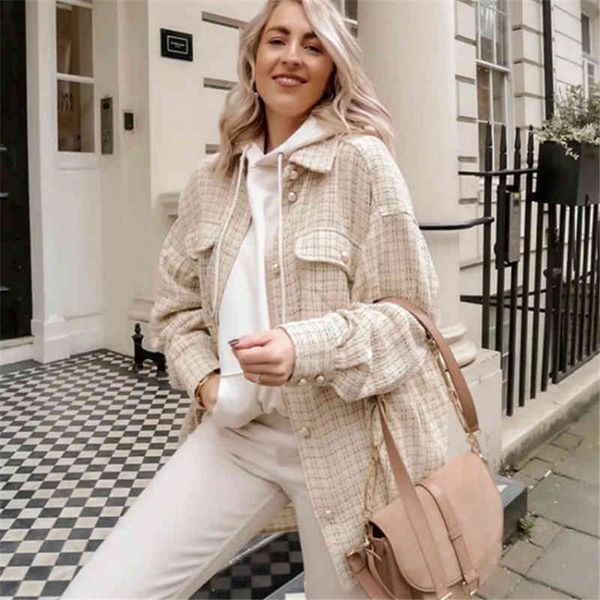 

tweed women vintage oversize plaid long shirts autumn chic ladies streetwear loose shirt elegant female outfits girls 210413, White