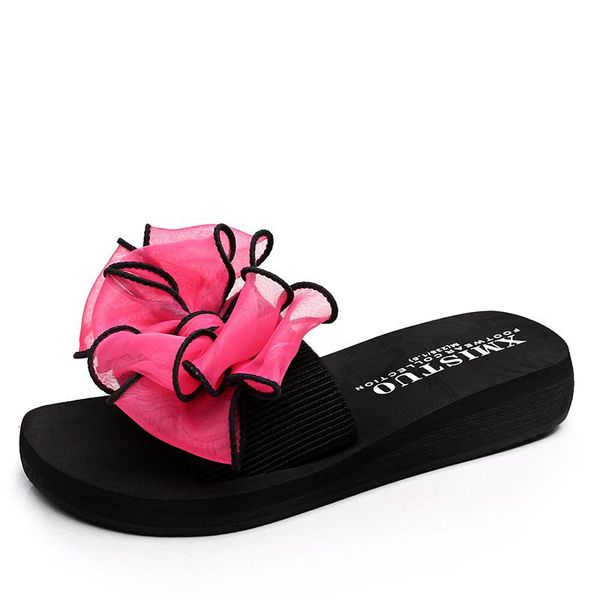 

slippers stretch fabric non-slip open toe with bow sandals home falts beach large size, Black