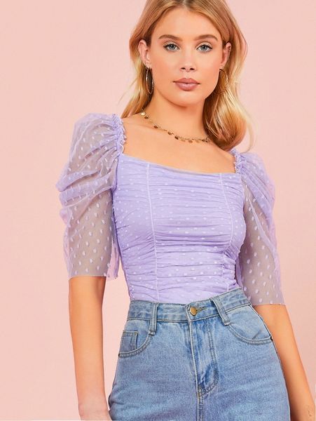 

puff sleeve ruched detail lace 89z6#, White