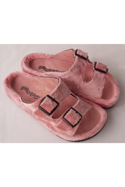

women's pink velour shaggy double strappy slippers, Black