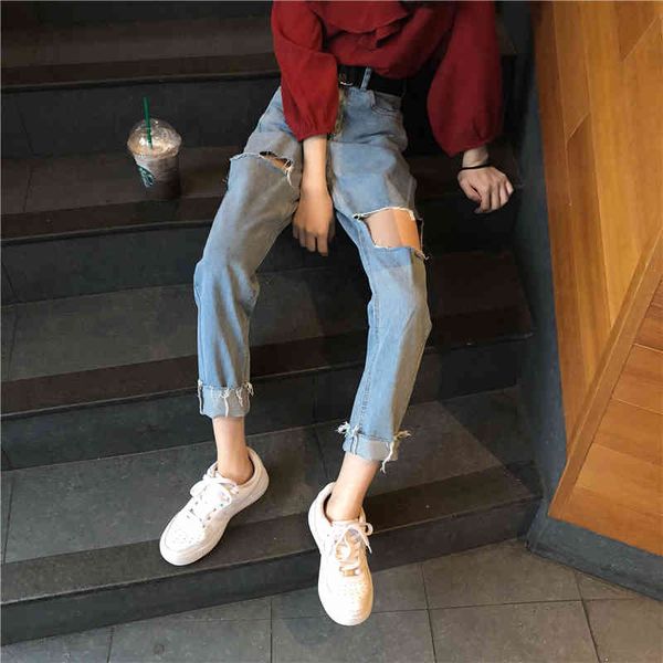 

women's jeans female harajuku trousers, torn high waist, smooth leg, thin, with loose edges, washed jeans, autumn 8pwa, Blue
