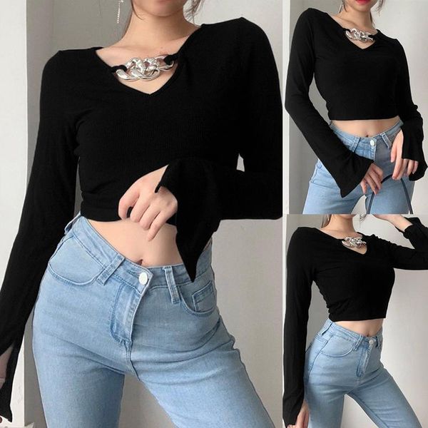 

casual ribbed chain black shirt long sleeve slim crop autumn t-shirts for women tee shirts harajuku cropped women's t-shirt, White
