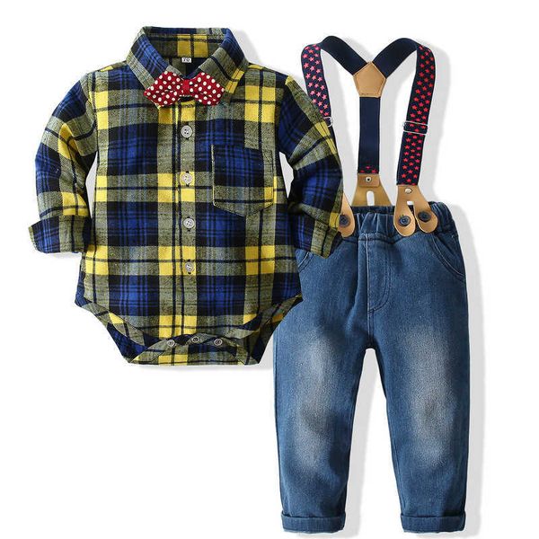 Baby Boy Pagliaccetto Set di vestiti per Baby Boy Gentleman Abbigliamento con fiocco Toddler Kid Body + bretella Jeans Infant Boy Abbigliamento G1023