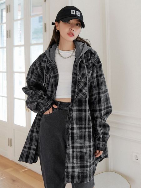 

dazy plaid pattern flap pocket drop shoulder drawstring hooded overcoat g0ek#, Black