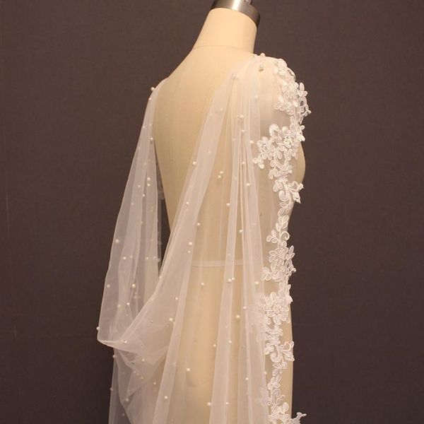 

bridal veils pearls wedding bolero lace long 2.5 meters cape with edge white ivory bride jacket accessories, Black