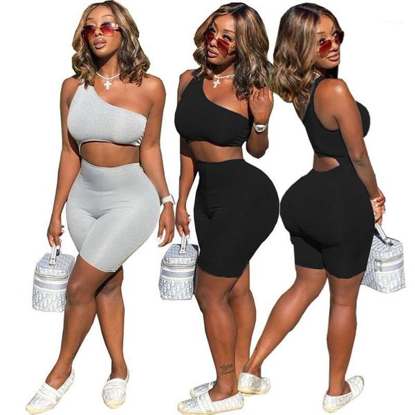 

women set solid crop tank sheath elastic mid waist shorts pants pockets 2 piece tracksuit outfit women's tracksuits, Gray