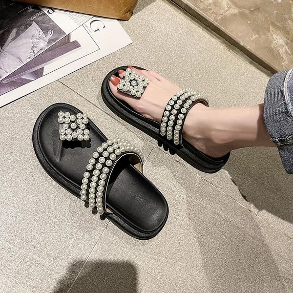 

med shoes woman 2021 rubber flip flops slippers casual string bead pantofle shale female beach hawaiian luxury flat sabot, Black