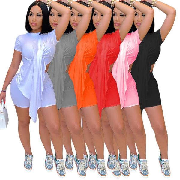

women solid summer casual two piece set tracksuit short sleeve pleated ruffle asymmetrical t shirt shorts suit club wear women's tracks, Gray