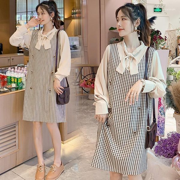 

8108# 2021 autumn korean fashion maternity dress elegant sweet plaid vest + blouses sets clothes for pregnant women pregnancy1, White