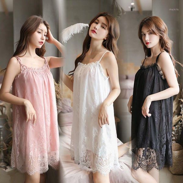 

oversized chiffon women's nightdress summer thin lace pajamas sling pregnant large home clothes casual dresses, Black;gray