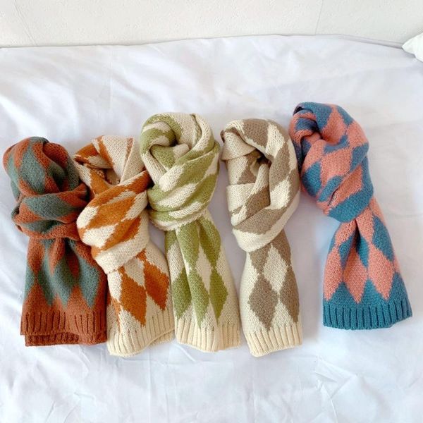 

scarves kenshelley children's retro style color matching diamond lattice jacquard scarf autumn and winter boys girls warm, Blue;gray