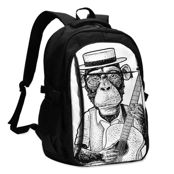 

backpack bags school for boy girl teenagerfunny monkey dressed hat and shirt holding guitar usb charge computer lapback pack