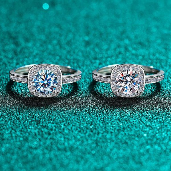 

inbeaut 925 silver excellent cut d color pass diamond test 1 ct blue moissanite square shape ring adjustable size party rings cluster, Golden;silver