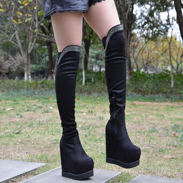

boots 15cm within increase super high-heel women's models catwalk high over-the-knee suede wedges elastic, Black
