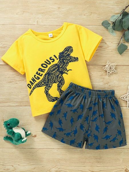 

toddler boys letter & dinosaur print tee & shorts she01, White