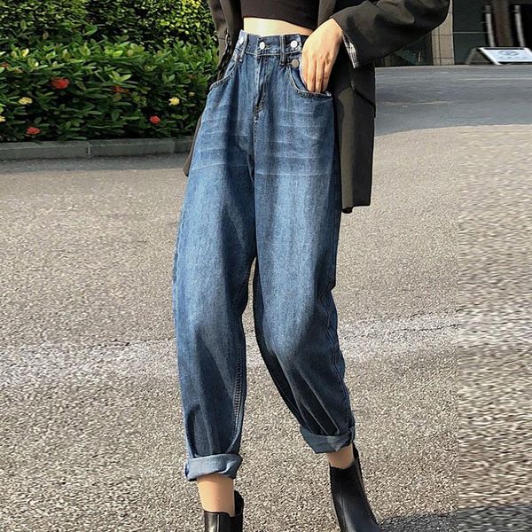 

women's jeans straight loose women solid color distressed harem pants cropped 2021, Blue