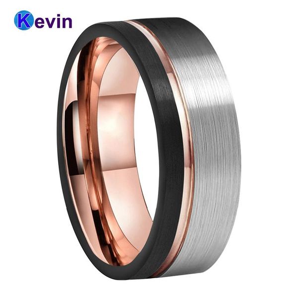 

wedding rings tungsten ring flat band black rose gold for men and women with offset groove brush finish, Slivery;golden