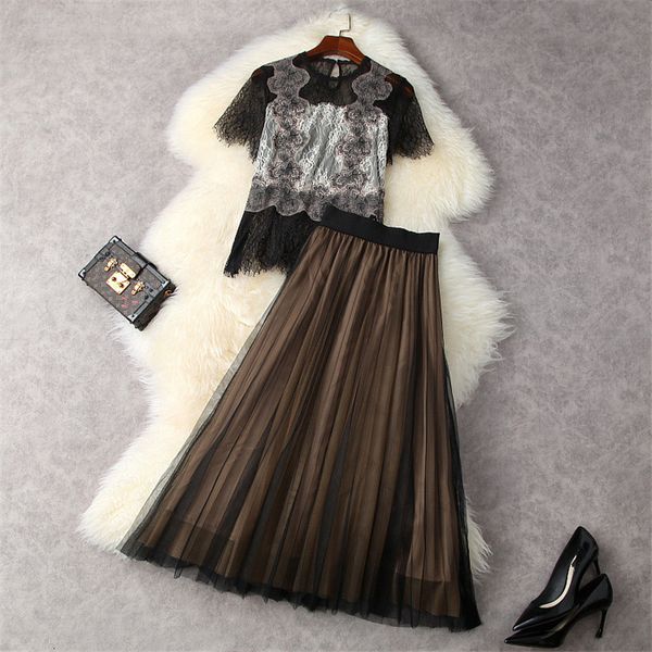 

two piece dress fashion designers will see women's clothes short sleeves lace shirt and midi mesh skirt 2 piece casual suit mrs outfits, White