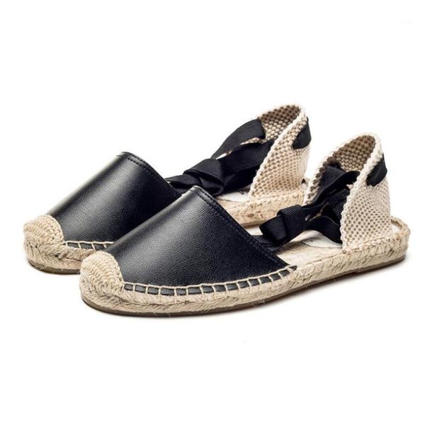 

sandals leather strap for women spring/summer flat straw fisherman shoes casual slippers a101, Black