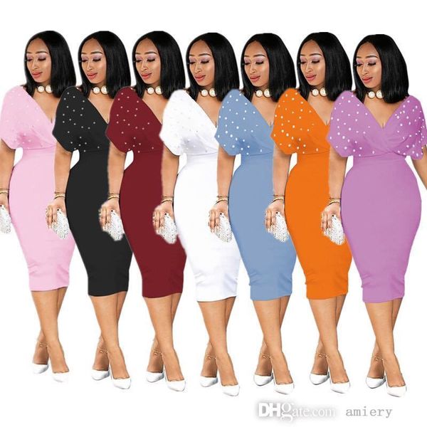 

women elegant dress 2022 spring summer fashion dark v neck short sleeve zipper wrap bead dresses, Black;gray