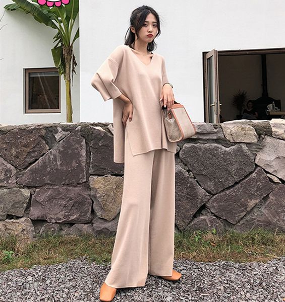 

spring autumn long sleeve loose solid knitted tracksuits split sweater 2 pices pant wide leg trousers women suits, White