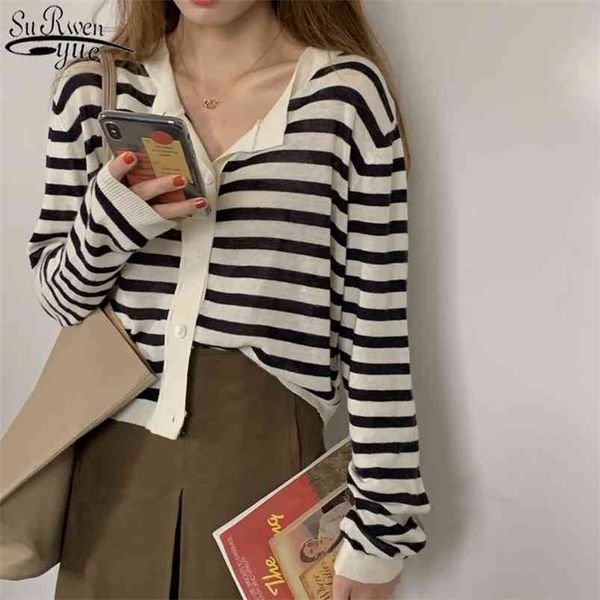 

spring loose shirt o-neck short coat female college style striped cardigan lady thin korean knitted blouse women 210421, White