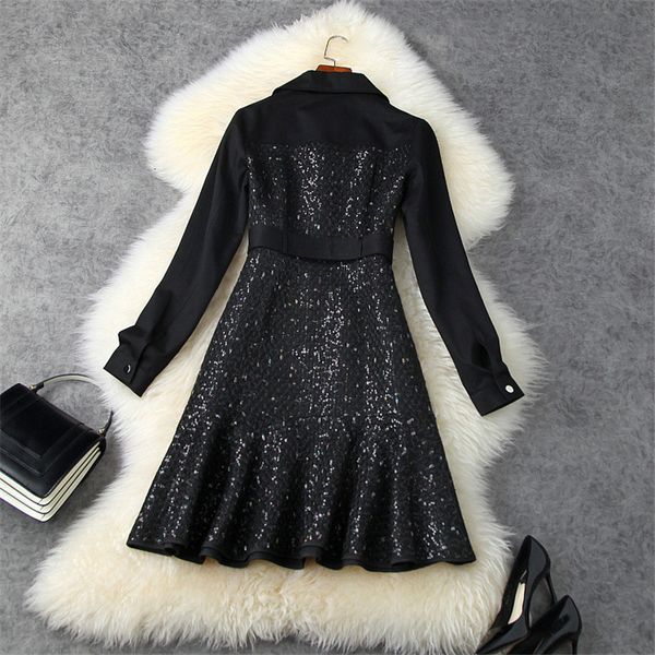 

dress autumn girls'clothing runway down collar designers denim slivers of short wool tweed dres winter, Black;gray