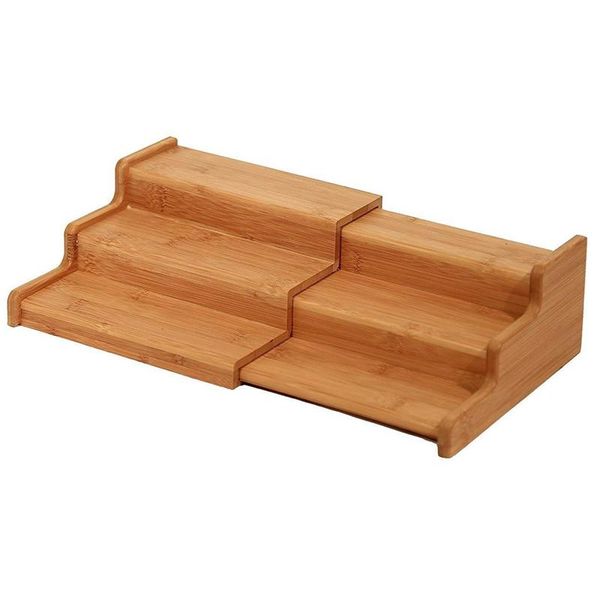 

kitchen storage & organization spice rack cabinet organizer- 3 tier bamboo expandable display shelf, 3-layer adjustable