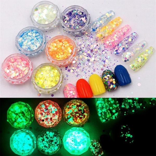 

shiny glow in the dark nail glitter sequins 6 colors luminous hexagon manicure decorations art flakes1, Silver;gold