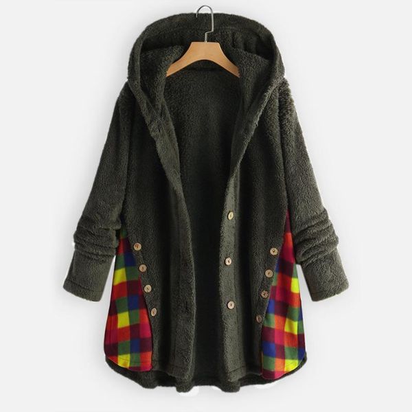 

women's wool & blends plush irregular jacket 2021 autumn and winter style patchwork plaid hooded single-breasted ladies wn*, Black