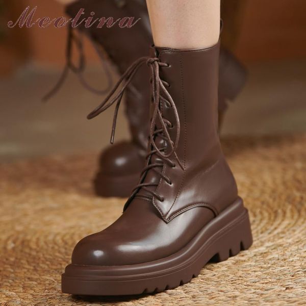 

boots meotina med calf motorcycle women shoes 2021 autumn platform flat boot zipper round toe ladies footwear flats 33-43, Black