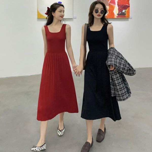 

casual dresses 2021 spring suspender dress women's waist shows thin temperament base medium length a-line vest, Black;gray