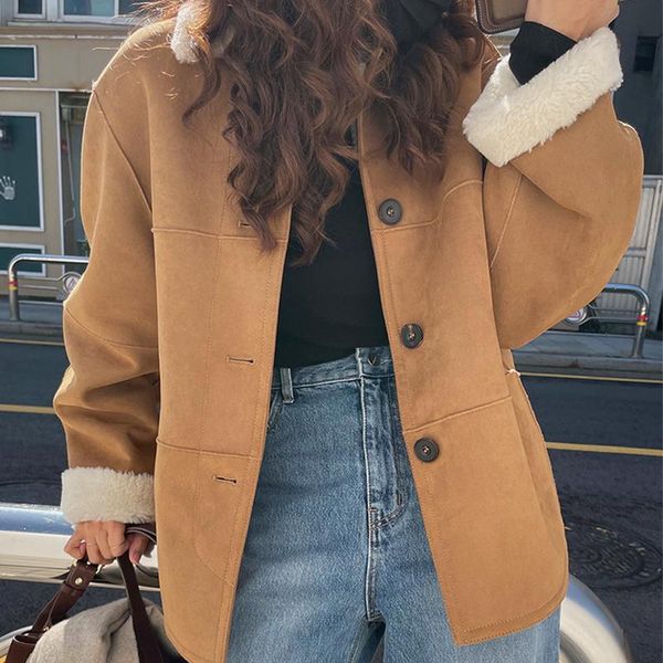 

women's jackets autumn winter faux pu leather lamb jacket women long sleeve single breasted turn down collar warm korean style casual c, Black;brown