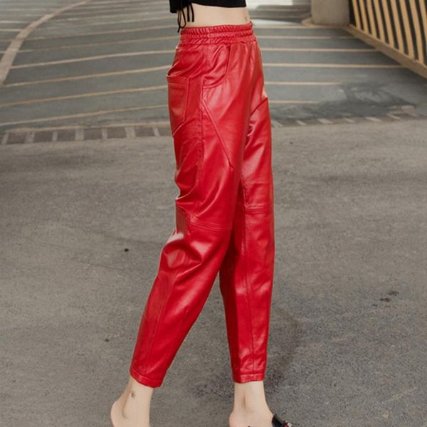 

women's pants & capris female real pencil red casual autumn sheepskin genuine leather trousers women 2021 plus size 4xl streetwear, Black;white