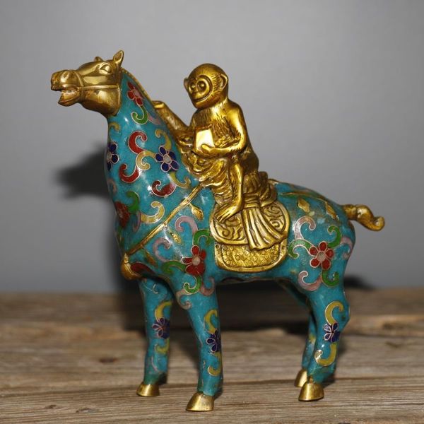 Dekorative Objekte Figuren Sammlung alte chinesische reine Kupfer handgemachte Cloisonne Emaille Affe Reiten Ornament Statue Home Metall Sculptu