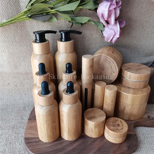 

storage bottles & jars 100pcs/lot 15ml 30ml 50ml custom logo empty cosmetic continer bamboo dropper and natrual cream jar
