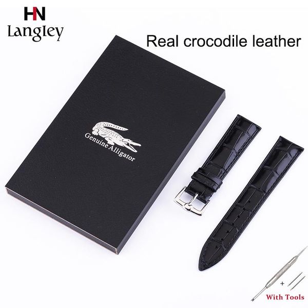 

watch bands real crocodile leather watchband 12mm 14 16 18 20mm 22 24mm wristband with wooden box package flat interface straps tools, Black;brown