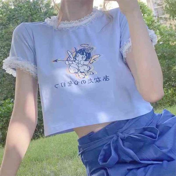

mingliusili kawaii t-shirt women fashion angel crop summer anime tee shirt japanese style lace woman tshirts 210623, White