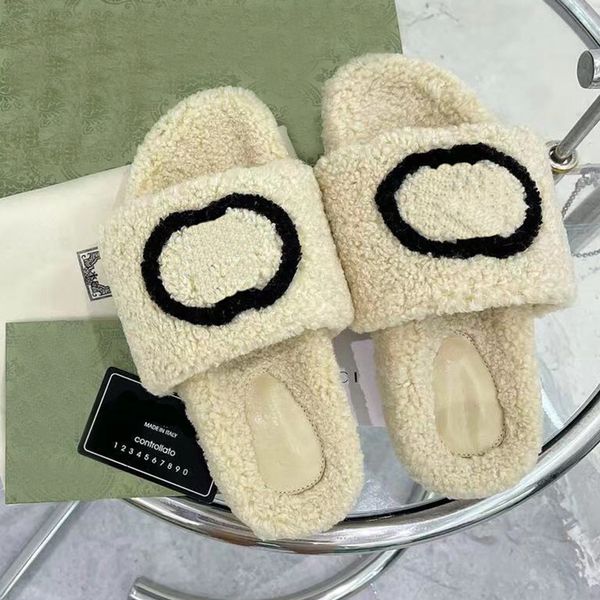 

designer women g print lambswool slipper italy brand fur woolen plush slides lambskin sandals flat heel slippers home loafers sandal luxurys, Black