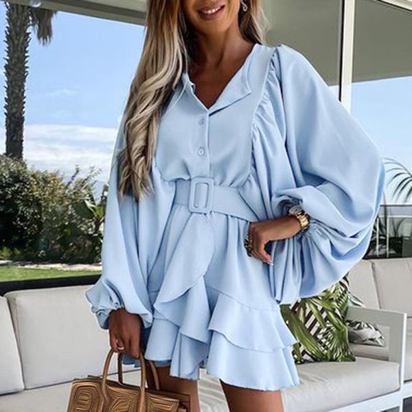 

casual dresses autumn collected waisted women fashion long sleeve mini dress elegant o neck ruffles female ladies, Black;gray
