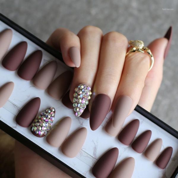 

dark coffee full crystal stiletto fake nails nude set 28pcs medium customize diy teardrop-shaped matte nails1, Red;gold