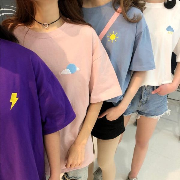 

women harajuku ulzzang pastel color t shirt cotton simple embroideried girl's summer solid short sleeve streetwear korean style women&#, White