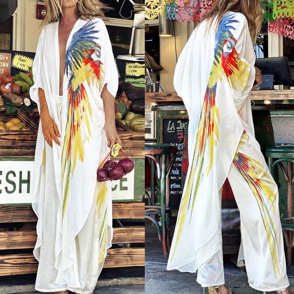 

women's blouses & shirts 2021 summer women shirt blouse chiffon beach long kimono cardigan shawl loose print bikini cover up woman clo, White