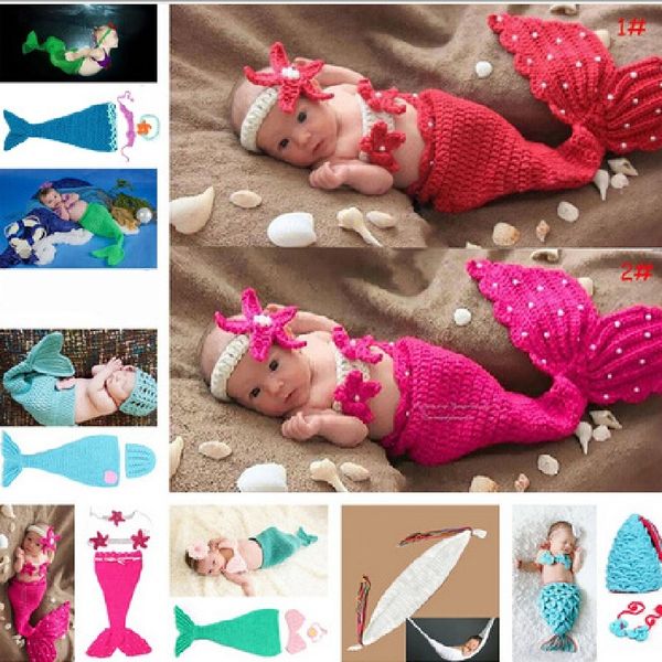 Mermaid Fotoğraf Sahne Bebek Kız Battaniye Alınan Yün Tığ Bikini Yenidoğan Uyku Tulumu Swaddling Wrap Yatak Yorgan 210413