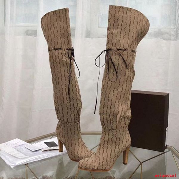 

2021 brand women's boots designer genuine leather red beige canvas over the knee boot's zipper laces casual shoes fashion high hee, Black