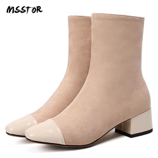 

boots msstor flock black ankle round toe big size shoes woman zipper mixed colors square heel casual concise winter