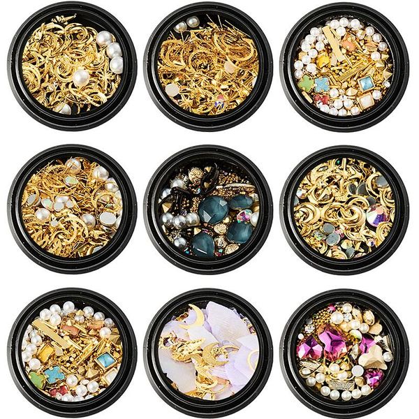 

nail art decorations 1box 3d charms moon star metallic nails sequins cross sun hollow slice press on tips rhinestones manicure decoration, Silver;gold