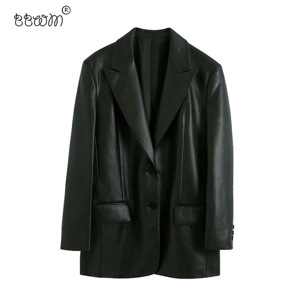 BBWM Kadınlar Moda Faux Deri Takım Elbise Ceket Vintage Uzun Kollu Cepler Geri Vents Mont Kadın Chic Giyim 210520