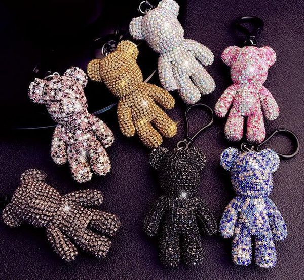 

wholesale full rhinestone cartoon bear crystal keychain key chain ring holder pendant bag women's handbag key chain, Silver